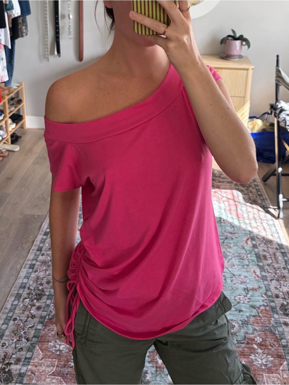 Hot Pink Off Shoulder Ruched Side Tie Top M/L